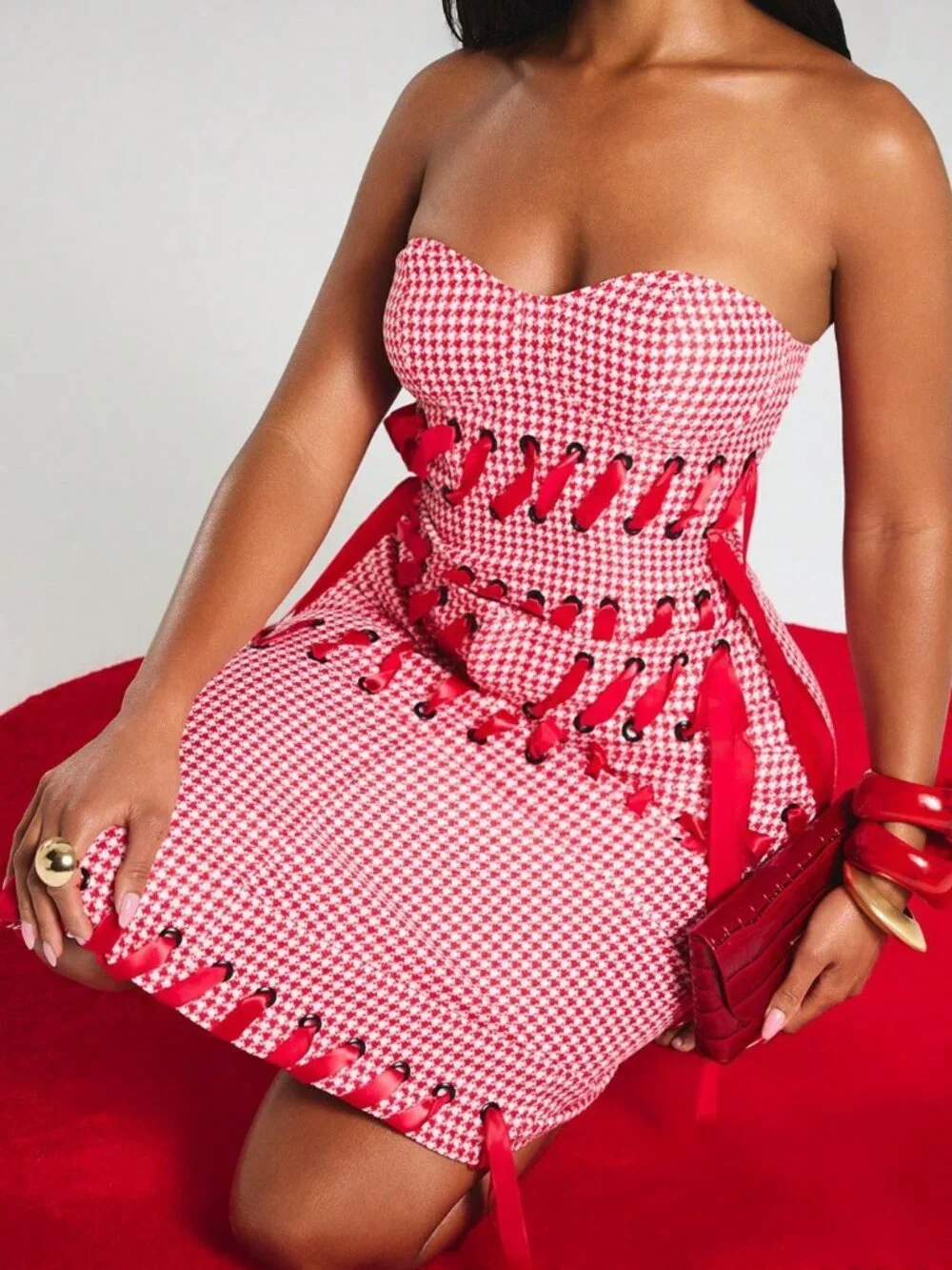 Red Casual Women's Lace Up Gingham Tweed Houndstooth Pencil Midi Skirt